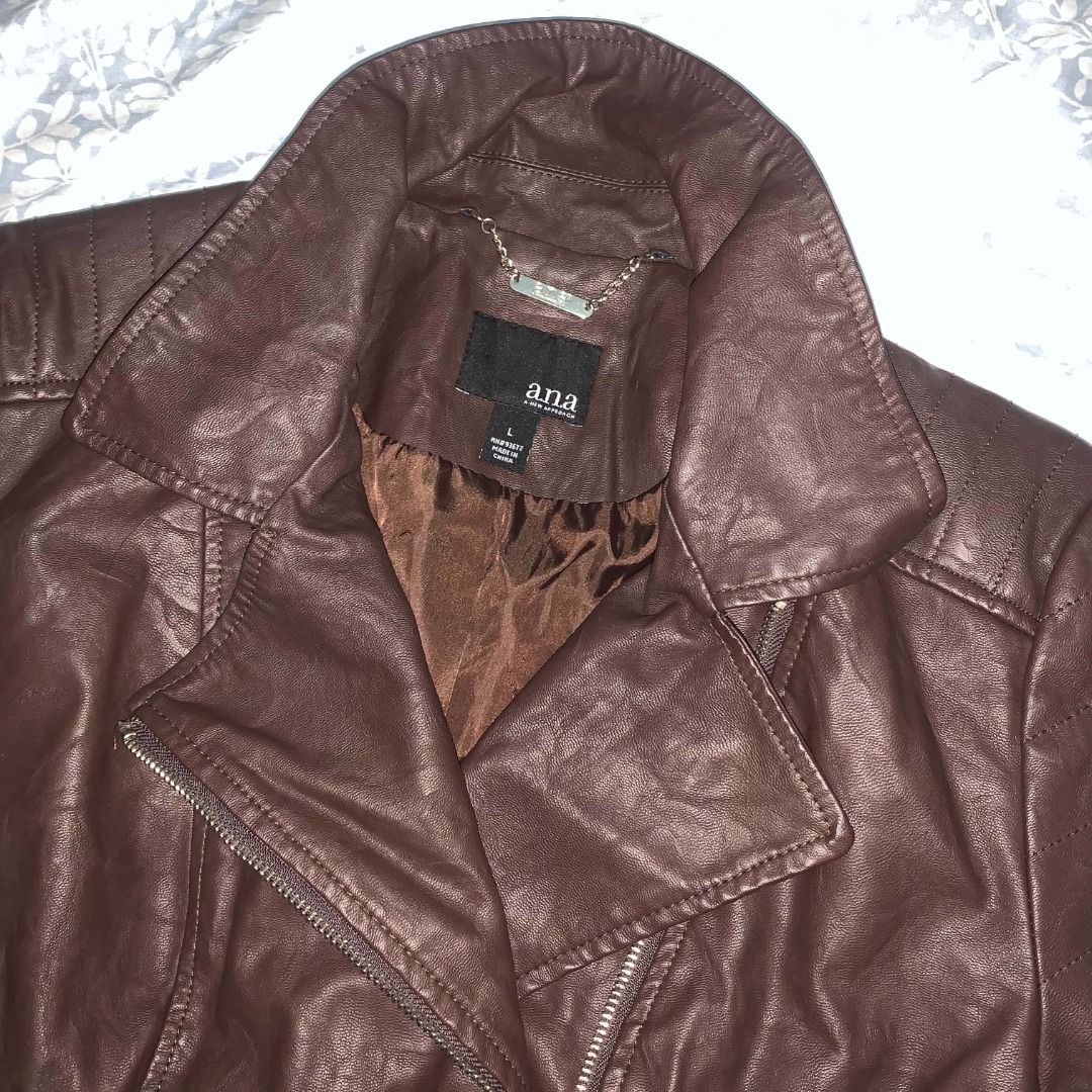 BROWN LEATHER JACKET (Category: Coats, Jackets and Outerwear) located in Quezon City. Submitted by odd.and.ends (Listing ID 1470138397, Image 3). Description: BRAND: a.n.a (A New Approach) SIZE: Medium to Large DETAILS: Silver-tone hardware, zippered pockets, zippered cuffs, and adjustable side waist buckle straps.