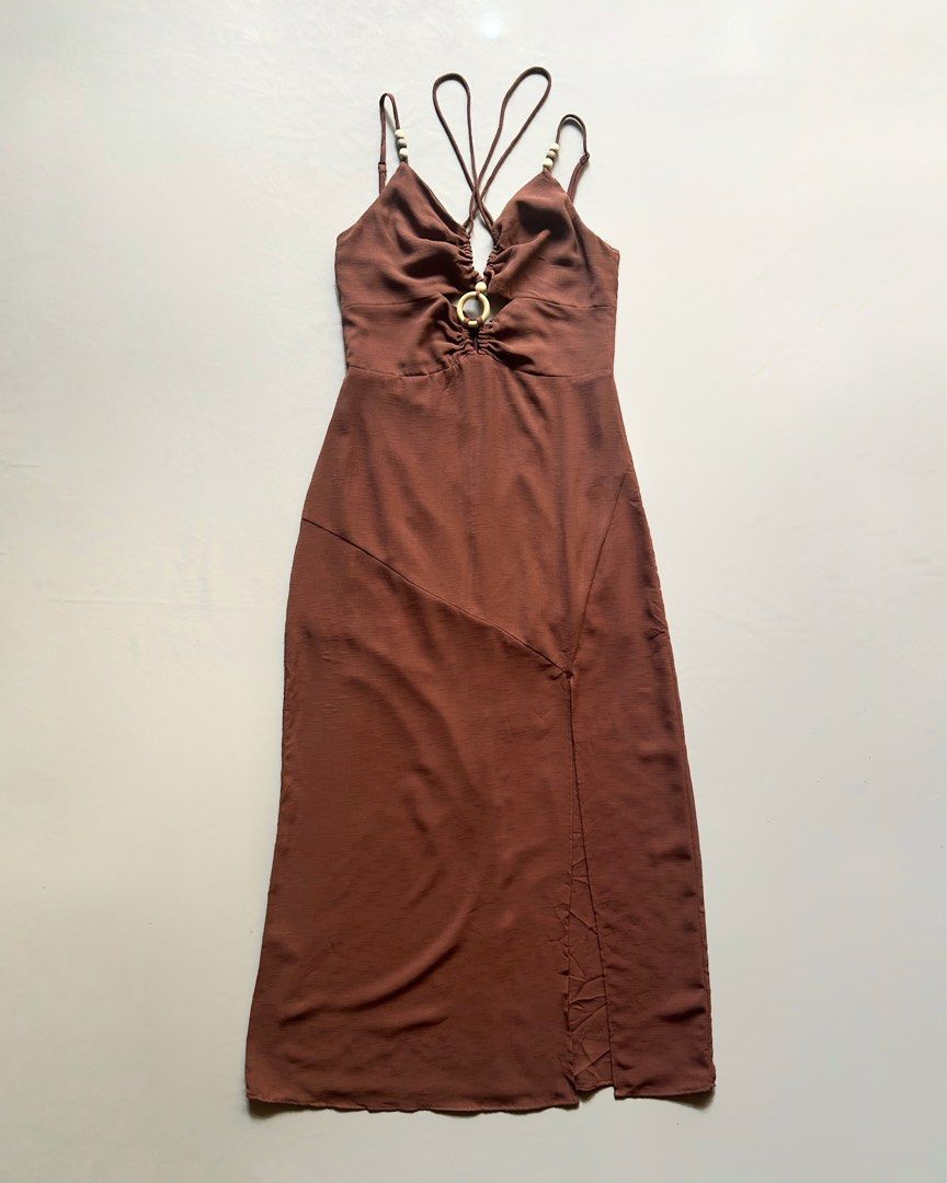 Brown Summer Wooden Bead Boho Dress (Category: Dresses) located in Los Banos. Submitted by hotlinevintage777 (Listing ID 1470127849, Image 1). Description: — brand: hyfve — with slit — size: m on tag.