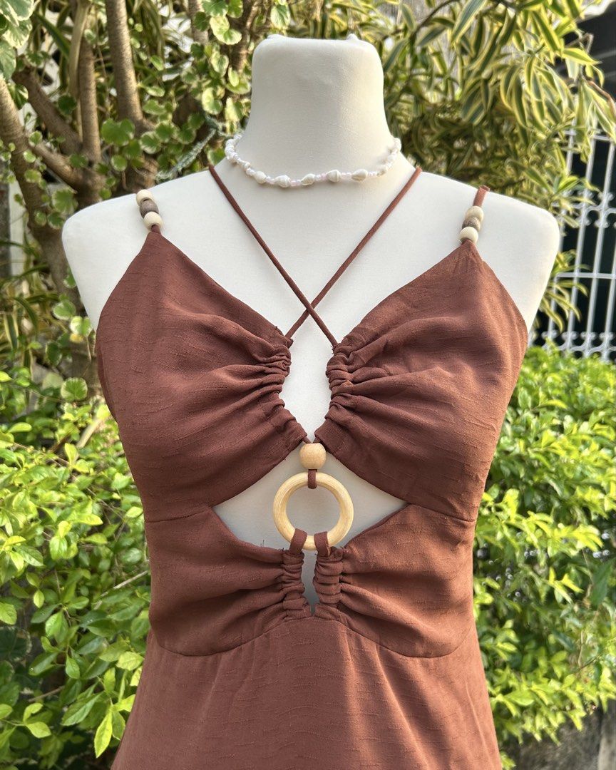 Brown Summer Wooden Bead Boho Dress (Category: Dresses) located in Los Banos. Submitted by hotlinevintage777 (Listing ID 1470127849, Image 3). Description: — brand: hyfve — with slit — size: m on tag.