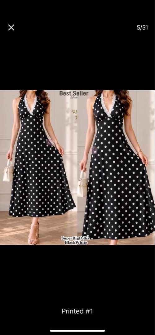 BSCO Polka Dot Halter Dress Black White (Category: Dresses) located in Manila. Submitted by yana_wear (Listing ID 1469983000, Image 1). Description: - Brand: BSCO - Style: Polka dot halter midi dress with a flared skirt and cinched waist - Color: Black with white polka dots - Size: Fits Small - Details: Sleeveless with delicate lace trim around the neckline - Condition: Bought online, lightly used/like new.