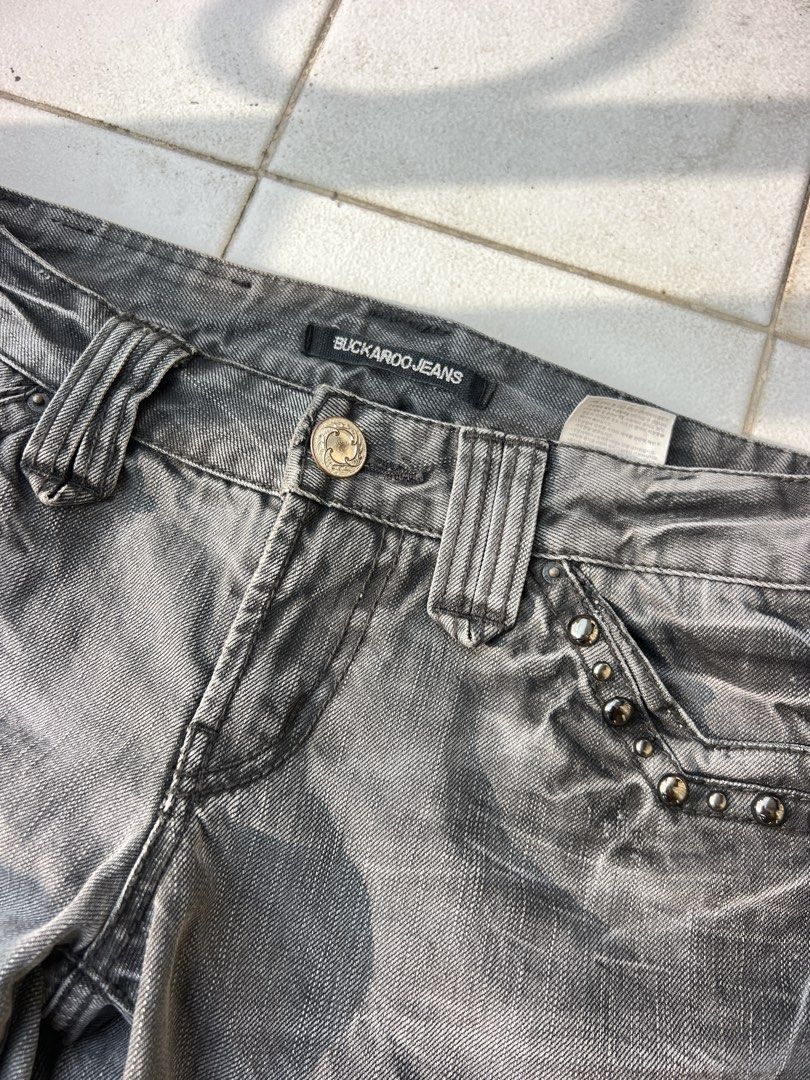 Buckaroo Jeans Y2K Grey Flared Denim (Category: Jeans) located in Zamboanga. Submitted by royaleagle-aebabc (Listing ID 1470011349, Image 3). Description: - Brand: Buckaroo Jeans - Style: Vintage Y2K low-rise flare - Color/Wash: Dark grey wash with subtle distressing - Details: Embroidered back pockets, studded front pocket accents, and branded hardware - Condition: Great staple piece for retro looks.