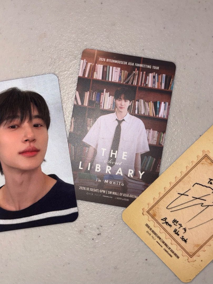 Byeon Woo Seok Photocard (Category: K-Wave Merchandise) located in Caloocan City. Submitted by faith35 (Listing ID 1470042706, Image 1). Description: - Official Byeon Woo Seok photocard from 'The Secret Library' fanmeet Philippines - ₱3000 for all & get Free Confetti if you get all 3 - 1 PC is ₱1000 - Clean edges with no bends, scratches, or flaws spotted.