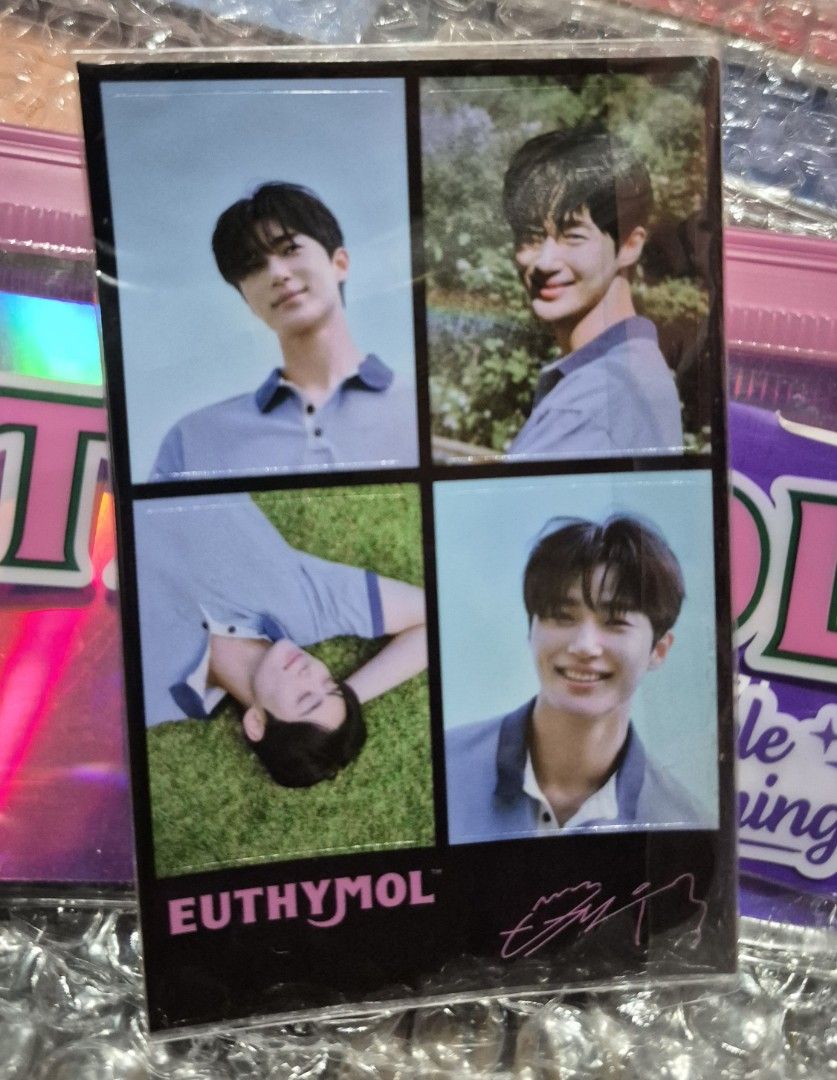 Byeon Wooseok Sticker x Euthymol with Pouch (Category: K-Wave Merchandise) located in Imus. Submitted by shopestepanimey (Listing ID 1470118841, Image 1). Description: - Official Park Seo-jun photocard from Euthymol - Features 4 different photo cuts and his signature - Includes purple Euthymol holographic zipper pouch - Ideal for K-drama fans and collectors.
