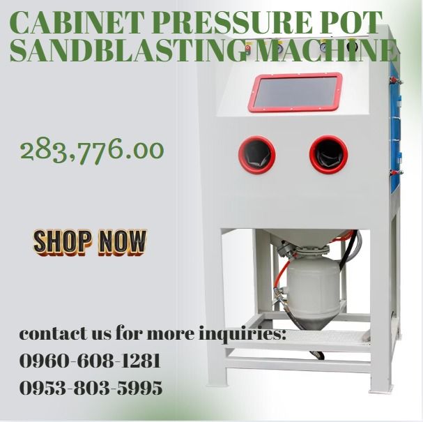 Cabinet Pressure Pot Sandblasting Machine (Category: Everything Else Others) located in Caloocan City. Submitted by nataliemor30968 (Listing ID 1469952324, Image 1). Description: ◎Product name: Sandblasting cabinet ◎Model: JD-1111NC ◎Outline dimension: 1150X1200X1700MM ◎Working chamber size: 1100X1100MM.. ◎Worktable diameter: 1100X1100MM ◎Loading weight: 100KG ◎Power supply: 220V, 50HZ ◎Fan for dust collector: 0.55KW ◎Lighting device: 13W ◎Compre