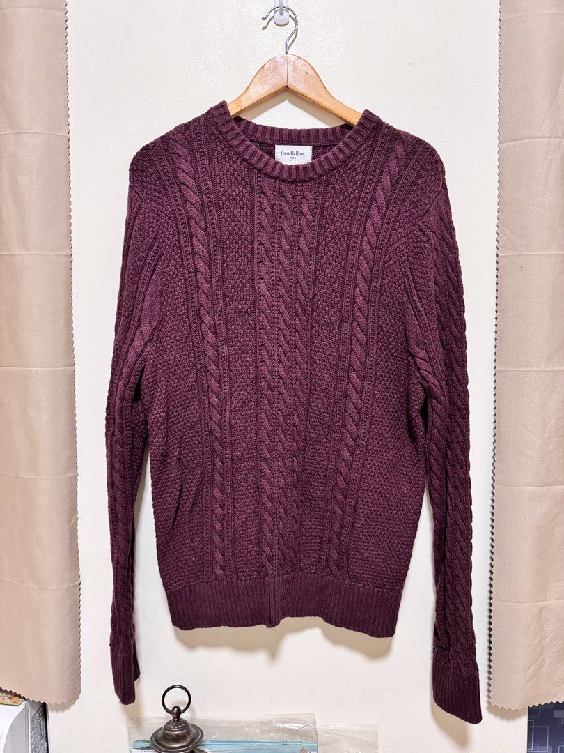 Cable Knit Sweater (Category: Coats, Jackets and Outerwear) located in Manila. Submitted by seayouncey (Listing ID 1470044264, Image 1). Description: - Brand: Goodfellow & Co - Color: Maroon - Style: Classic crewneck cable knit sweater - Features: Long sleeves, textured all-over knit, ribbed collar, cuffs, and hem - Material: Thick and warm for cooler weather - Condition: Clean and well-kept.