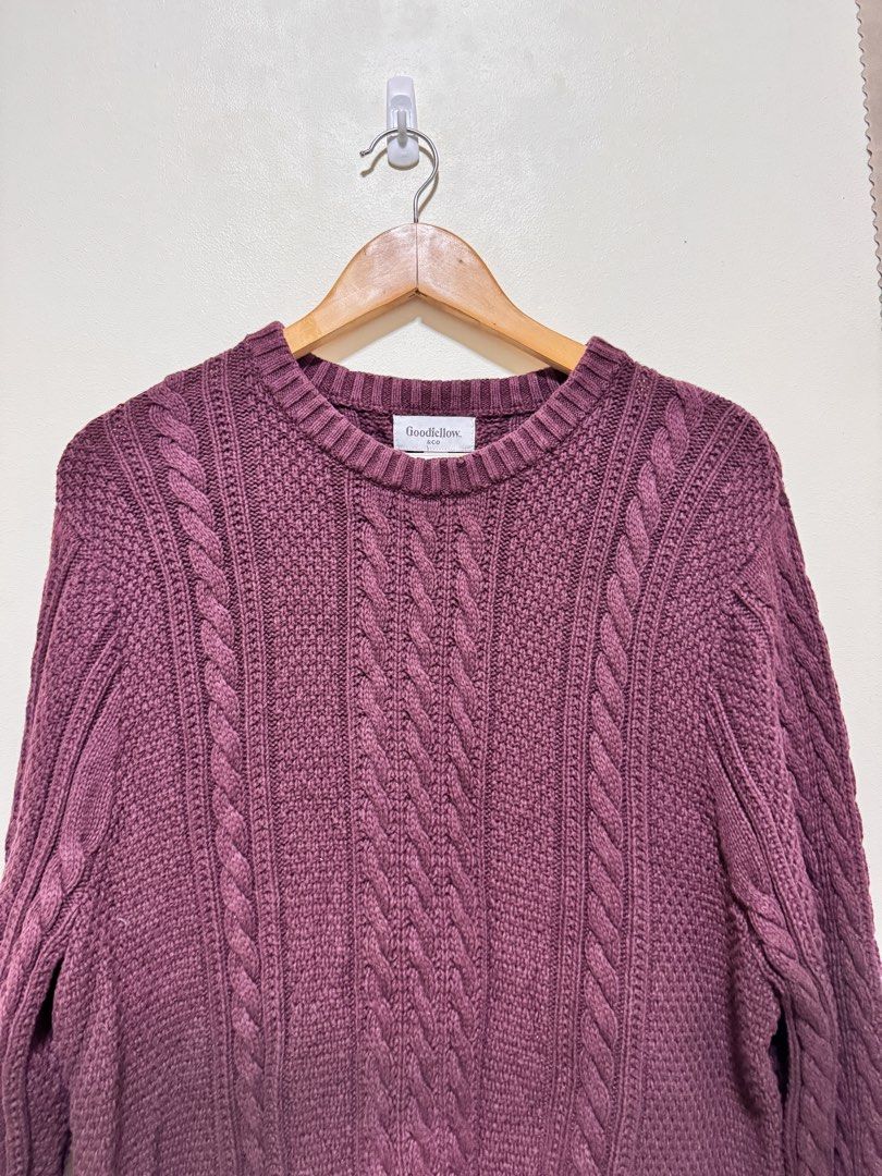 Cable Knit Sweater (Category: Coats, Jackets and Outerwear) located in Manila. Submitted by seayouncey (Listing ID 1470044264, Image 3). Description: - Brand: Goodfellow & Co - Color: Maroon - Style: Classic crewneck cable knit sweater - Features: Long sleeves, textured all-over knit, ribbed collar, cuffs, and hem - Material: Thick and warm for cooler weather - Condition: Clean and well-kept.