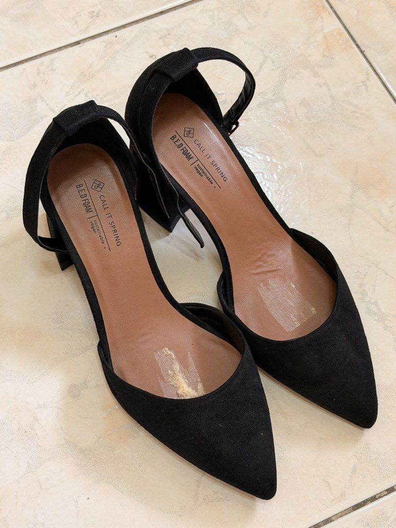 Call It Spring Daliaa Black Heels Size US 7.5 (Category: Heels) located in Cebu City. Submitted by liatan08 (Listing ID 1469995407, Image 1). Description: - Brand: Call It Spring - Model: Daliaa - Color: Black - Size: US 7.5 / EUR 38 / UK 5 - Style: Pointed toe with ankle strap and comfortable block heel - Comfort: Features sustainable B.E.D. Foam vegan insoles - Inclusions: Comes with original box - Condition: barely used Flaws: inner sole has b