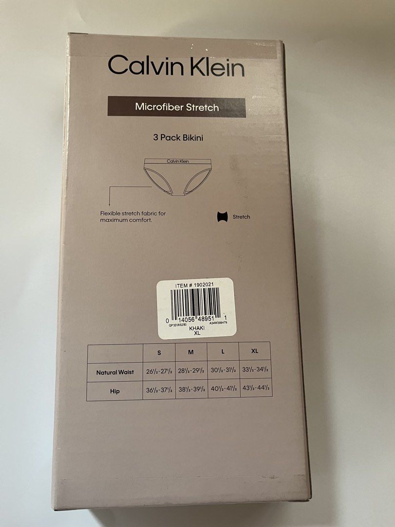 Calvin Klein 3 Pack Bikini (Category: Undergarments & Loungewear) located in Santa Rosa. Submitted by ninaparis (Listing ID 1470000725, Image 3). Description: Original Calvin Klein Microfiber Stretch 3 Pack Bikini size XL waist 33 1/2-34 1/2 Hip 43 1/2-44 1/2.