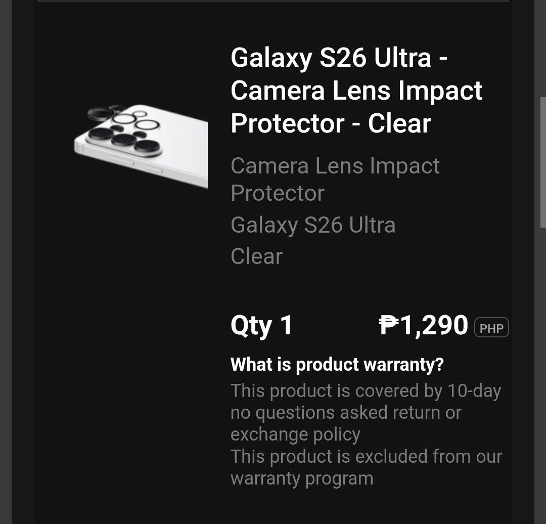 Camera Lens Protector for Galaxy S26 Ultra (Category: Cases & Sleeves) located in Pasay City. Submitted by chingobuga (Listing ID 1470099995, Image 2). Description: Never been used. Bought the wrong protector model..