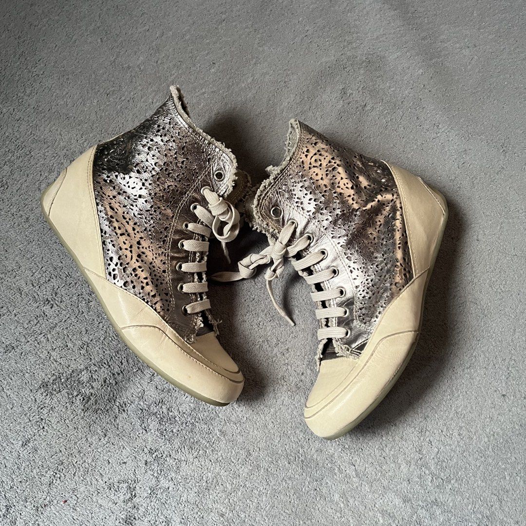 Candice Cooper high top metallic silver wedge sneakers (Category: Dress Shoes) located in Hagonoy. Submitted by ianthrift_ph (Listing ID 1470049377, Image 2). Description: complete tags/authentic 7.5 US / 38 FR excellent condition no issue.