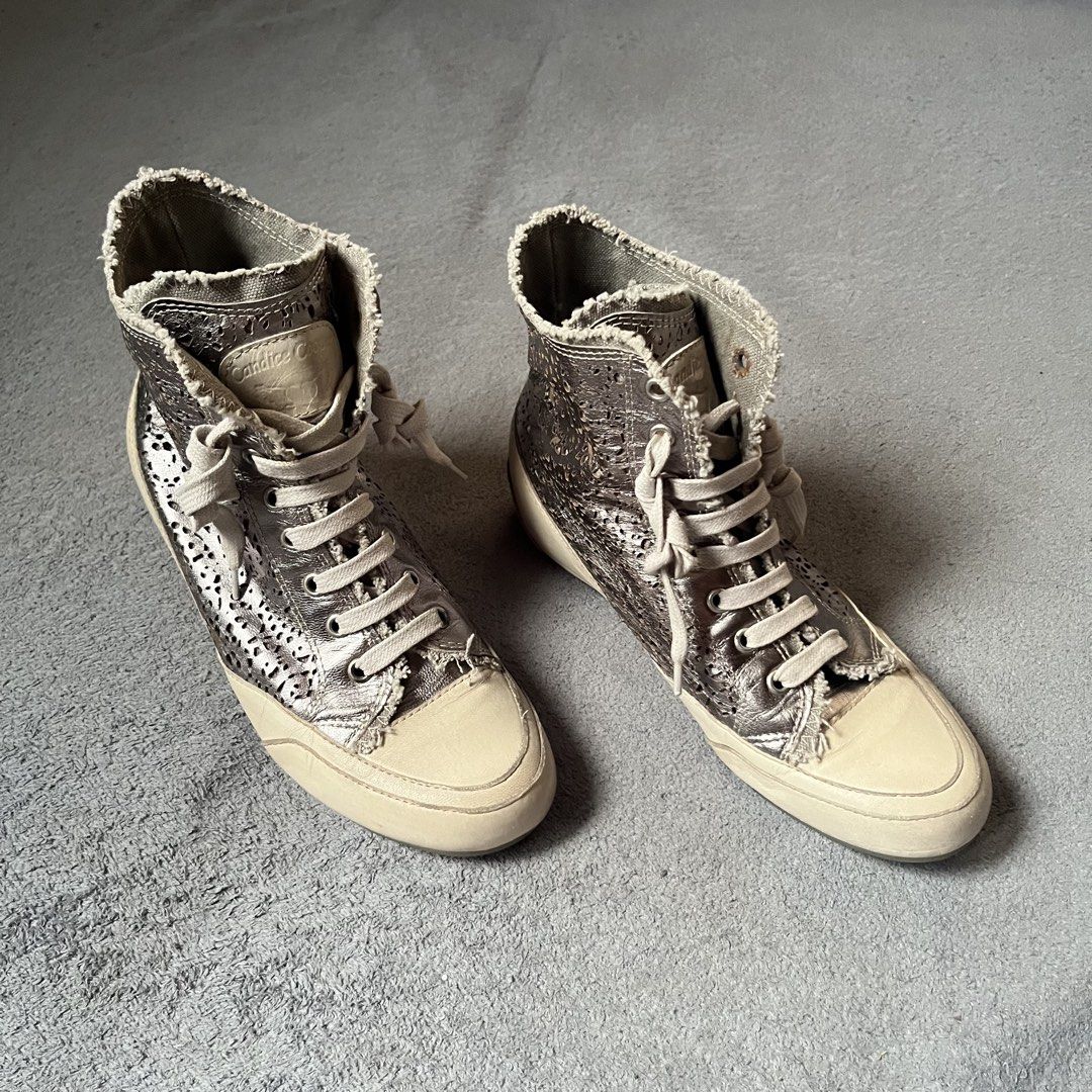 Candice Cooper high top metallic silver wedge sneakers (Category: Dress Shoes) located in Hagonoy. Submitted by ianthrift_ph (Listing ID 1470049377, Image 1). Description: complete tags/authentic 7.5 US / 38 FR excellent condition no issue.