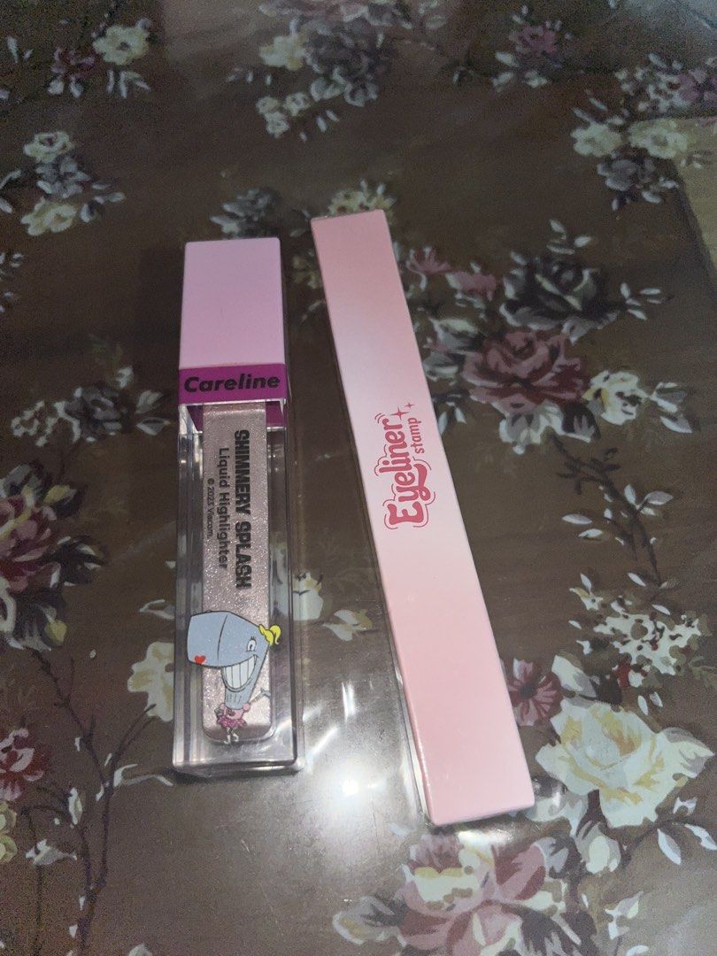 Careline Shimmery Splash Liquid Highlighter & Eyeliner Stamp (Category: Makeup) located in Rizal. Submitted by mae009 (Listing ID 1469950430, Image 3). Description: - Careline Shimmery Splash Liquid Highlighter 9.5ml with cute Pearl SpongeBob design (used once or twice) - PinkFlash Long-Wear Liquid Eyeliner BK01 with convenient stamp tip in pink box - Eyeliner expiry date: October 28, 2027 (20271028) (brand new) - Perfect makeup bundle for everyd