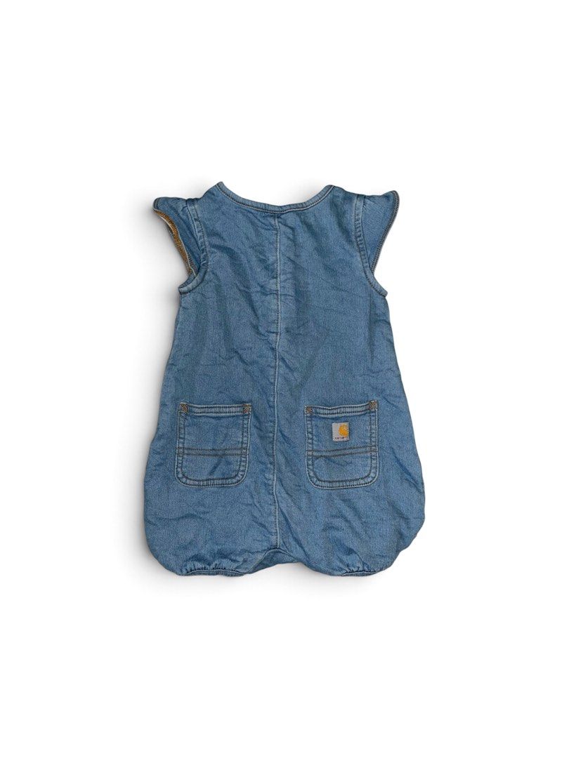 Carhartt Denim Baby Romper (Category: Babies & Kids Fashion) located in Nabua. Submitted by lastthrift2.0 (Listing ID 1469989491, Image 2). Description: Pang baby girl niyo🥰 - Brand: Carhartt - Item: Denim baby romper - Color: Blue - Size: 18M (Tag attached) - Material: 91% cotton, 8% polyester, 1% elastane (Made in Indonesia) - Features: Ruffle shoulders, front placket and bottom snap closures, two back patch pockets with Carhartt logo patch - 