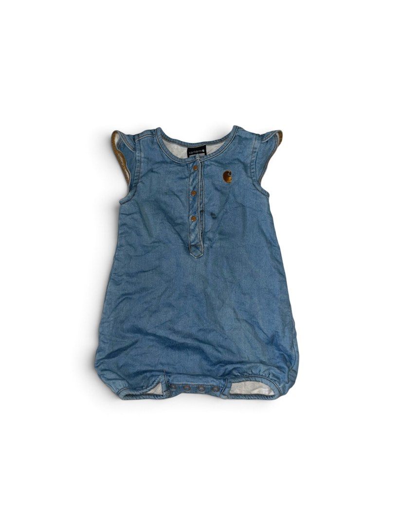 Carhartt Denim Baby Romper (Category: Babies & Kids Fashion) located in Nabua. Submitted by lastthrift2.0 (Listing ID 1469989491, Image 1). Description: Pang baby girl niyo🥰 - Brand: Carhartt - Item: Denim baby romper - Color: Blue - Size: 18M (Tag attached) - Material: 91% cotton, 8% polyester, 1% elastane (Made in Indonesia) - Features: Ruffle shoulders, front placket and bottom snap closures, two back patch pockets with Carhartt logo patch - 