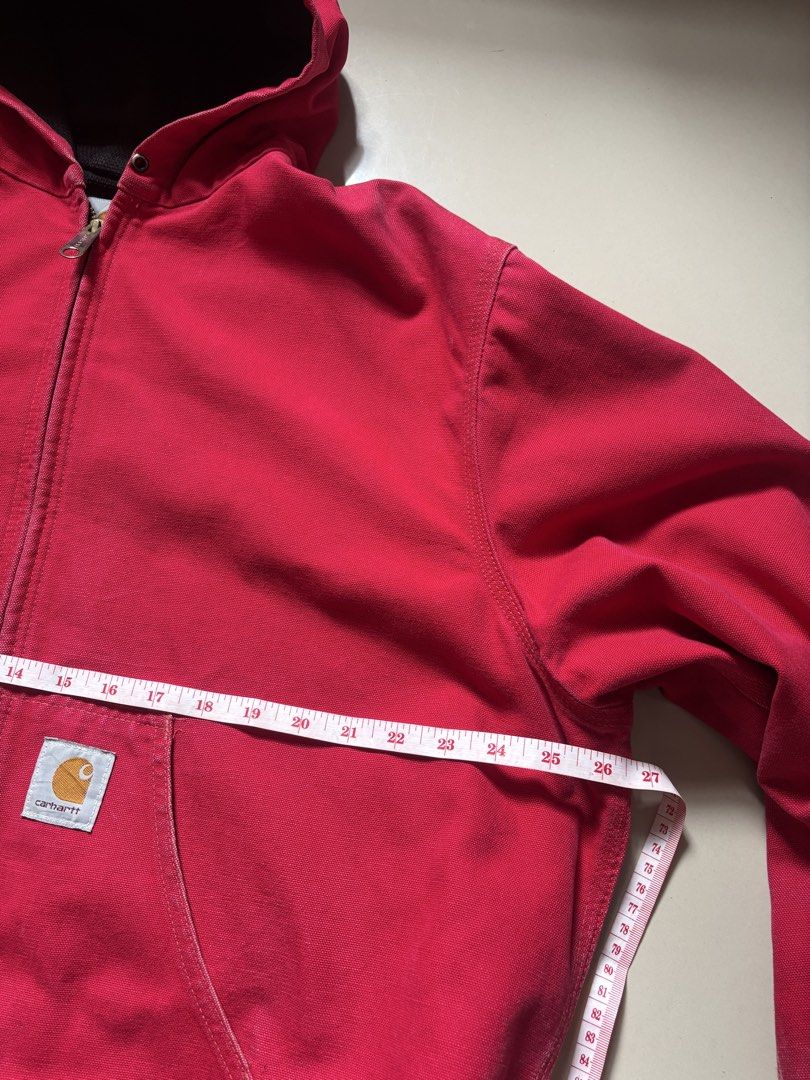 Carousell Carhartt Red Active Jacket Hooded Workwear (Category: Coats, Jackets and Outerwear) located in Manila. Submitted by analyt1cs (Listing ID 1469999276, Image 2). Description: J03 red 26x26 pit to pit issue: missing hood lace and faded tags 15k asking or obo.
