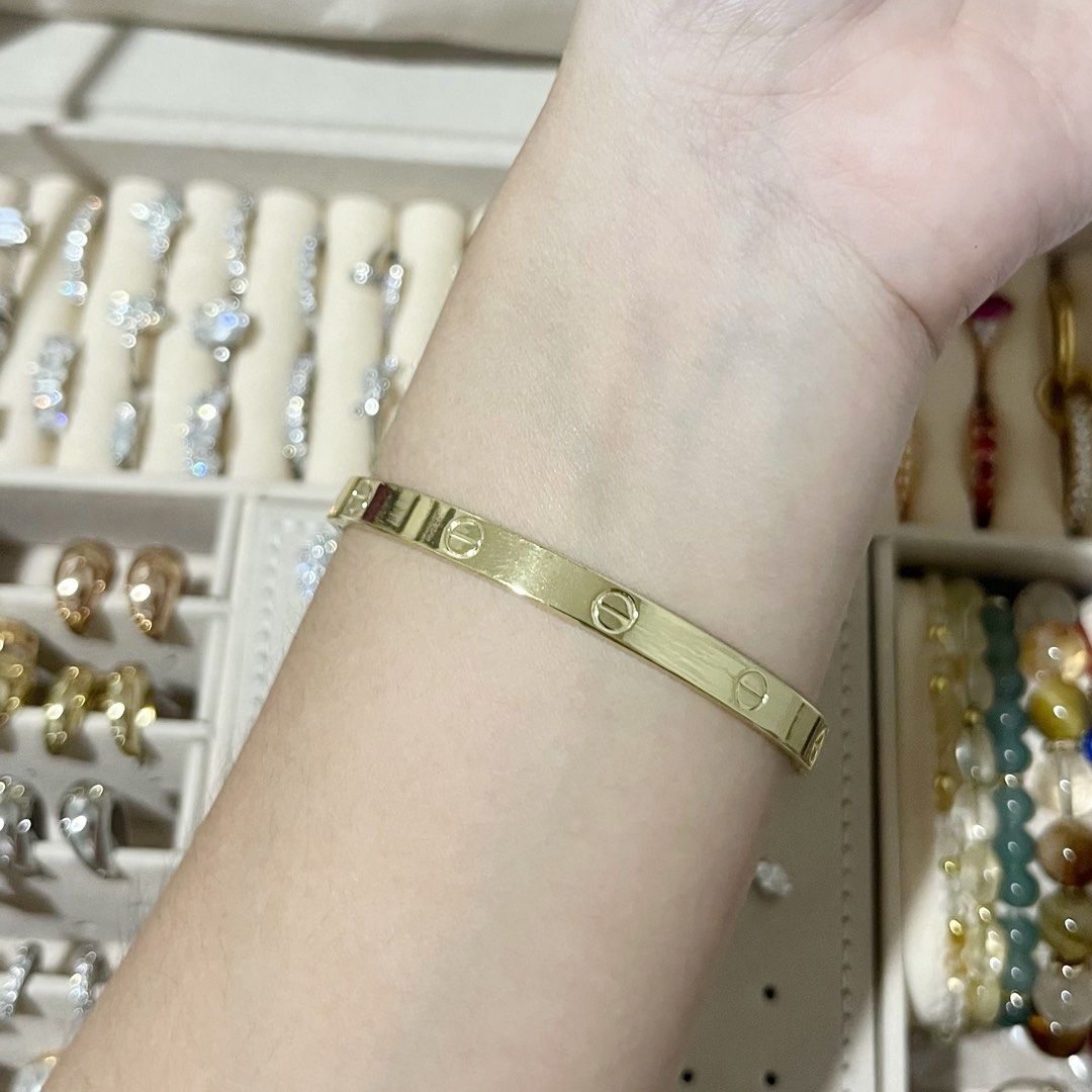 CARTIER LOVE GOLD BANGLE (Category: Bracelets) located in Talavera. Submitted by curatedbykhy (Listing ID 1470076853, Image 3). Description: gandaaa ng color! light gold hindi fake looking can fit size 16-17cm.