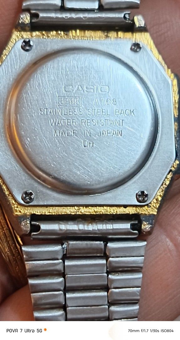 Casio Vintage Gold A168 (Category: Women's Watches) located in Quezon City. Submitted by junseller18 (Listing ID 1469973127, Image 3). Description: newly replaced battery 10/23/26 Mitsubishi alkaline cr2016. - Brand/Model: Casio Vintage Gold A168 (Module 3298) - Origin: Made in Japan - Display: Digital with Electro-Luminescence backlight - Material: Stainless steel back with gold-tone finish - Condition: Pre-owned with visible signs of wear and p