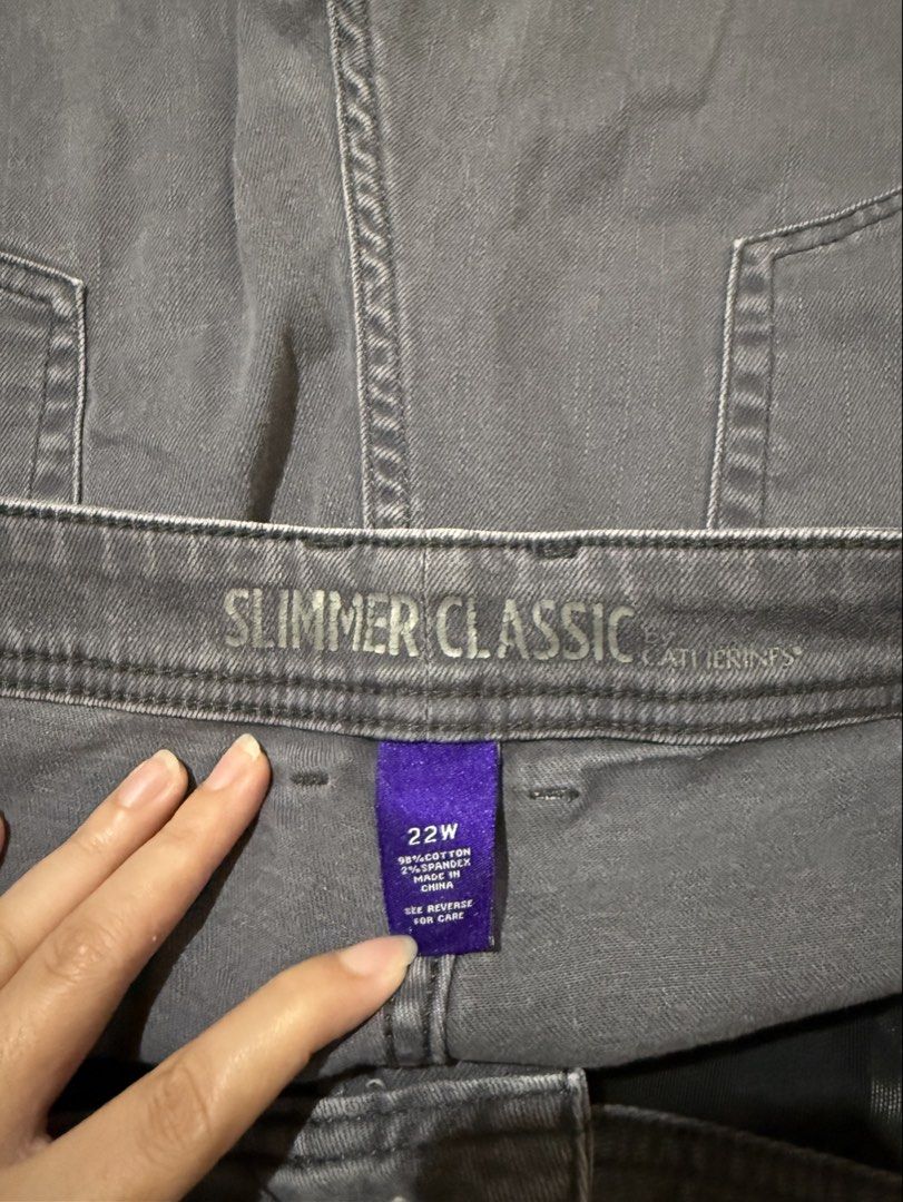 Catherines “Slimmer Classic” Grey Stretch Jeans (Category: Jeans) located in Calapan. Submitted by shop_storeal (Listing ID 1469984556, Image 3). Description: Catherines “Slimmer Classic” Grey Stretch Jeans 🎨 Color: Washed Charcoal Grey 📏 Size: 22W (Plus Size) Dimes: 42 length, 9.5 leghole 🧵 Material: 98% Cotton, 2% Spandex (Made in China) • Price is slightly negotiable! Open to offers. • Shipping via J&T (buyer shoulders fee). 📍Muñoz, Nueva 