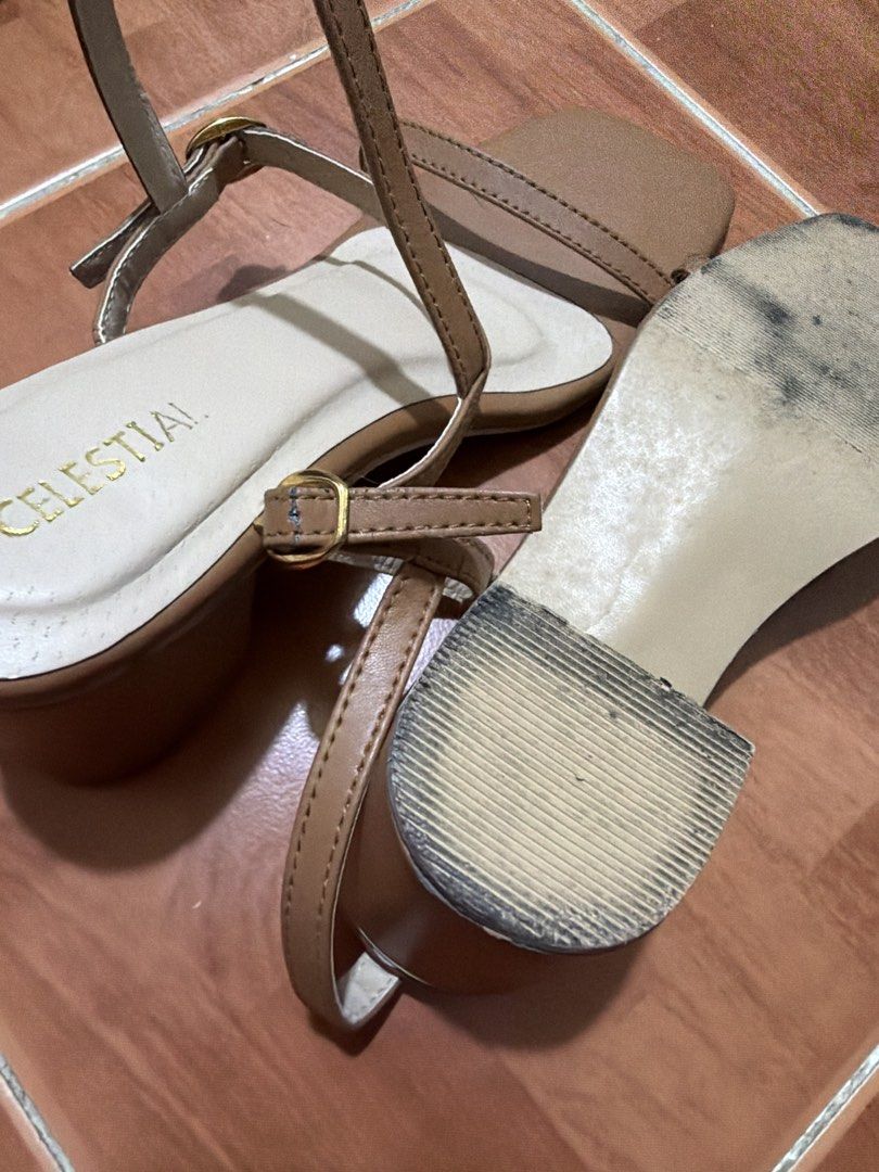 Celestial Brown Square Toe Block Heels Sandals (Category: Heels) located in Manila. Submitted by ortegafam (Listing ID 1470086912, Image 3). Description: - Brand: Celestial - Color: Brown with cream padded insole and gold-tone hardware - Heel: Medium block heel - Design: Square open toe with single front strap and adjustable ankle strap - Condition: Soles show wear from previous use, but overall structure is solid and sturdy - Style: Great neutra