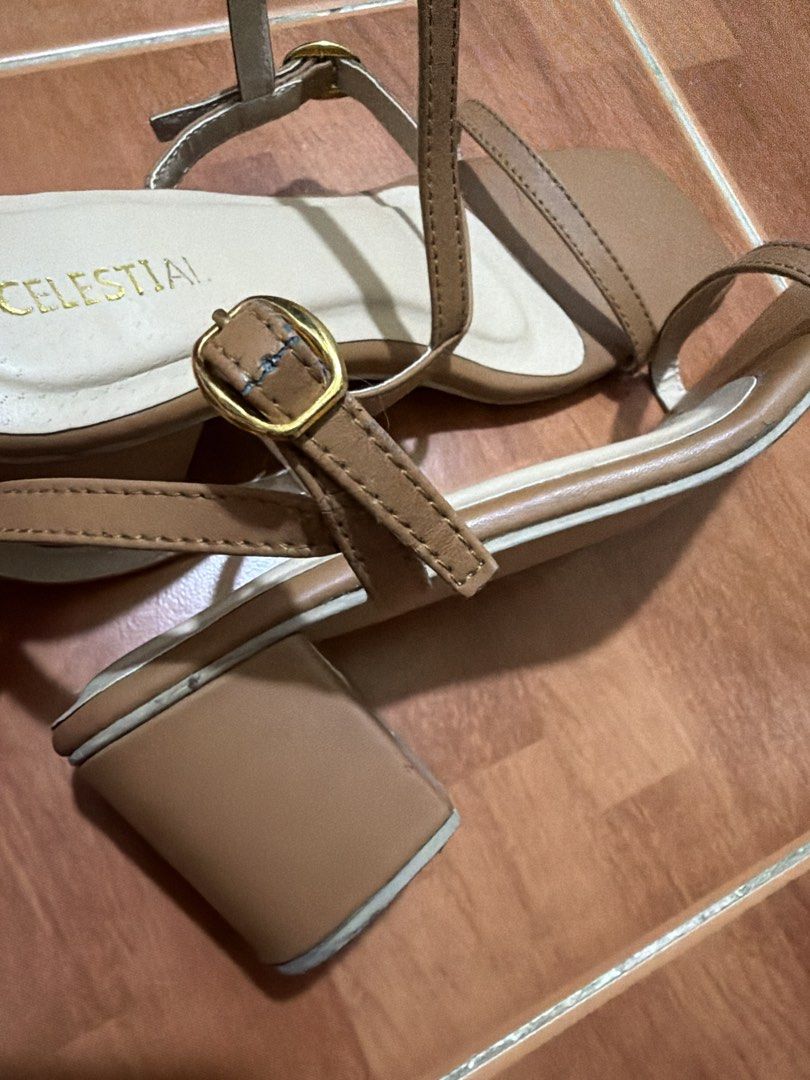 Celestial Brown Square Toe Block Heels Sandals (Category: Heels) located in Manila. Submitted by ortegafam (Listing ID 1470086912, Image 2). Description: - Brand: Celestial - Color: Brown with cream padded insole and gold-tone hardware - Heel: Medium block heel - Design: Square open toe with single front strap and adjustable ankle strap - Condition: Soles show wear from previous use, but overall structure is solid and sturdy - Style: Great neutra