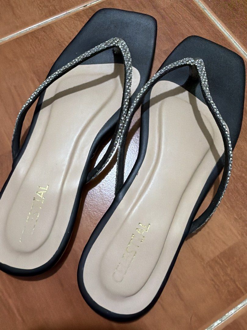 Celestial Rhinestone Strappy Sandals Black and Nude Pair Bundle (Category: Flats & Sandals) located in Manila. Submitted by ortegafam (Listing ID 1470087273, Image 1). Description: - Brand: Celestial - Includes: 2 pairs of sandals (Black and Nude) - Design: Square toe, thin rhinestone-covered straps, easy slip-on with toe post - Soles: Flat with light wear on the bottom - Versatility: Perfect for casual days or dressing up summer looks - Conditio