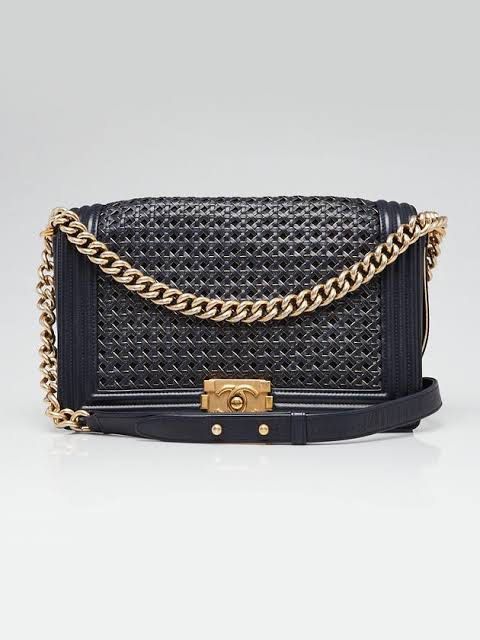 Chanel Boy Woven Leather Chain Shoulder Bag (Category: Luxury Bags & Wallets) located in Manila. Submitted by happyshopper212 (Listing ID 1470128006, Image 1). Description: - Brand: Chanel - Series: 19xxx - Style: Braided Sheepskin Leather Boy Bag - Material: Premium black leather with smooth side panels - Design: Intricate woven pattern with gold trim across the front flap - Hardware: Elegant gold-tone chain strap and hardware - Closure: Signatu