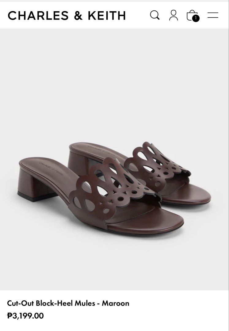 Charles & Keith Cut-Out Block-Heel Mules Maroon Size 38 (Category: Heels) located in Manila. Submitted by harleyy1230 (Listing ID 1470017492, Image 1). Description: -used a few times lang - rarely use it bc it hurts my pinky toe lol.