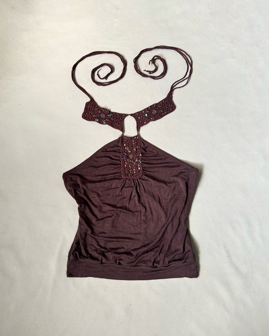 Charlotte Russe Brown Sequined Boho Halter Top (Category: Sleeveless) located in Los Banos. Submitted by hotlinevintage777 (Listing ID 1470126703, Image 1). Description: — size: s to m — issue: minimal pinhole in bottom hem (not noticeable).