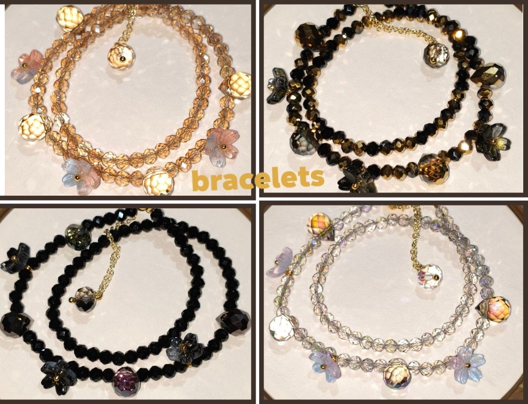 Charming Crystal Beaded Bracelets with Floral Charms (Category: Bracelets) located in Caloocan City. Submitted by books_and_beads (Listing ID 1470083279, Image 1). Description: - Beaded bracelets featuring faceted crystals and floral charms - Includes a gold-tone chain extension with a dangling crystal accent - Adjustable fit for comfortable wear - Available in 4 gorgeous colorways: champagne gold, black, dark multi, and iridescent crystal: · Top