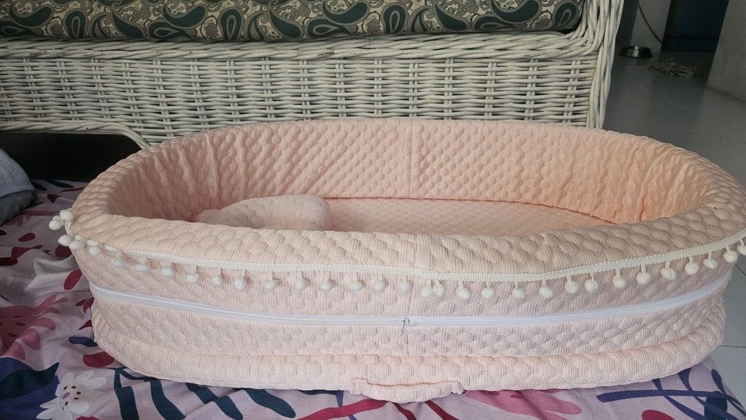 Cherry Pink Ice Beans 3pcs Baby Bed Set (Category: Children's Beds) located in Rizal. Submitted by declutterthingswithme (Listing ID 1470007007, Image 3). Description: - Complete 3-piece baby bed set in charming cherry pink - Includes a comfy baby bed, adorable shaped pillow, and a floral mosquito net - Made with textured pink fabric accented with cute pompom trim - Convenient side zipper design for easy removal and washing - Perfect addition to 