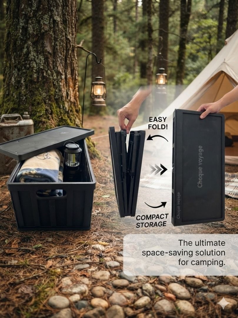 Choque Voyage Foldable Storage Box 52×35×27cm (Category: Storage Boxes & Baskets) located in Bulacan. Submitted by bioscuddle (Listing ID 1470026828, Image 1). Description: - Brand: Choque Voyage - Color: Black with matching lid - Material: Heavy-duty plastic build - Space-Saving: Folds completely flat for compact storage when not in use - Dual Purpose: Doubles as a handy table setup at camp - Versatile: Great for outdoor trips, tailgating, or ca
