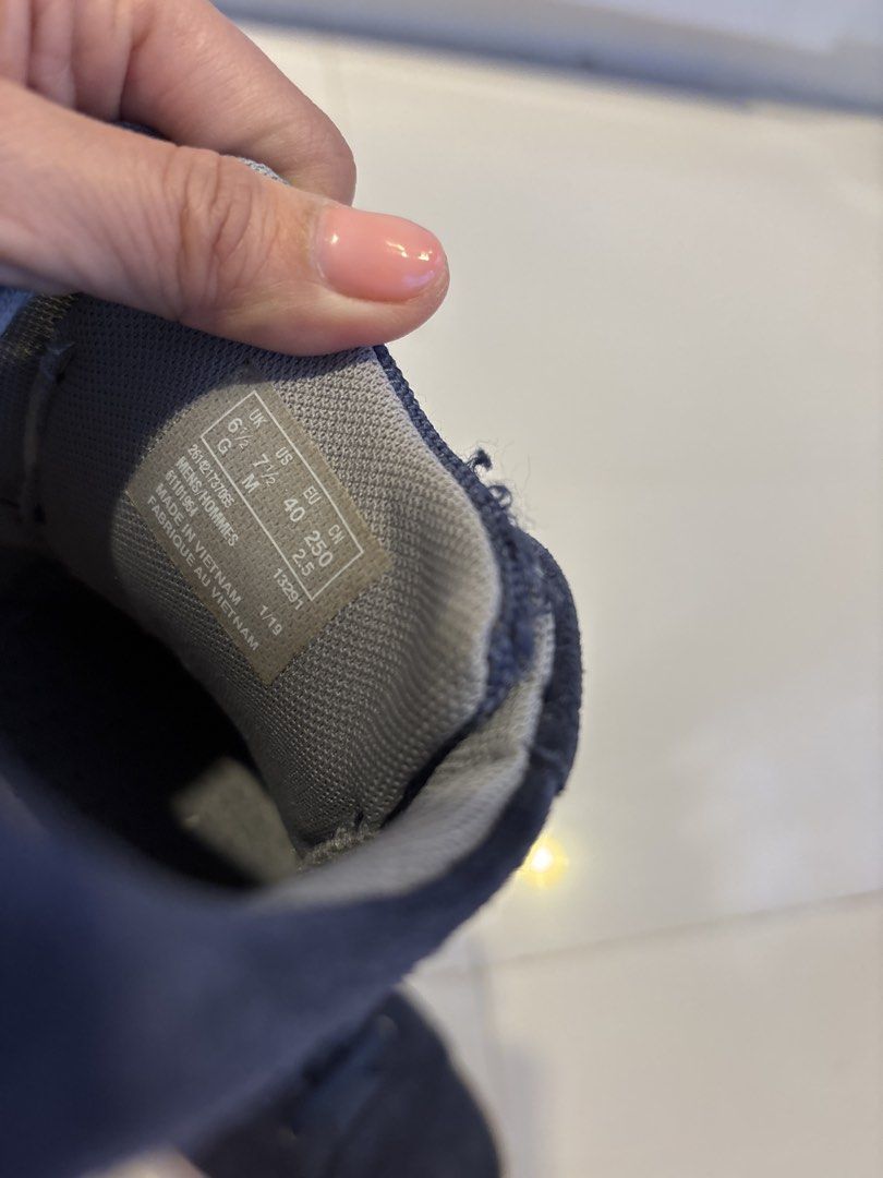 Clarks Collection Navy Blue Suede Sneakers (Category: Sneakers) located in Malaybalay. Submitted by trishmay (Listing ID 1469974044, Image 3). Description: - Brand/Model: Clarks Collection - Color: Navy blue with matching laces and white rubber soles - Material: Suede upper - Size: US 7.5 / UK 6.5 / EU 40 - Features: Ultimate comfort insoles, super cushioned for walking - Condition: Great everyday casual shoes with light wear on soles.