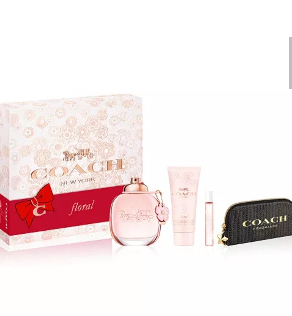 Coach Floral Eau De Parfum Gift Set (Category: Fragrance & Deodorants) located in Quezon City. Submitted by impdc1130 (Listing ID 1470132758, Image 3). Description: - Brand new Coach Floral fragrance gift set in original floral box with red ribbon - Includes full-size perfume spray and scented body lotion - Comes with a handy travel-size spray for on-the-go - Features a stylish black Coach pouch with gold star zipper pull - All items neatly tucke