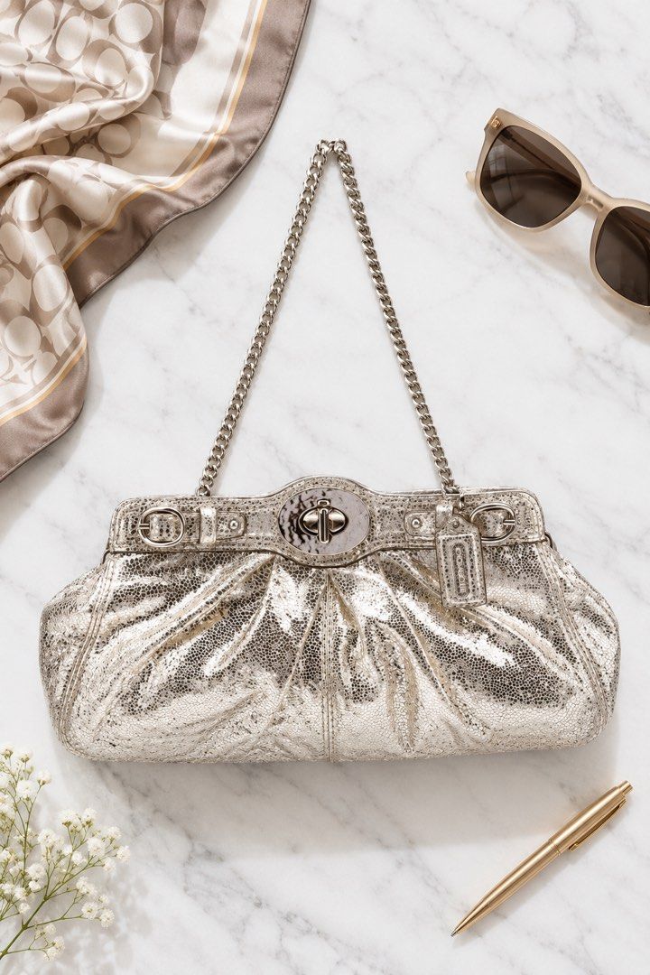 Coach Garnet Metallic Texture Chain Clutch / Shoulder Bag (Category: Shoulder Bags) located in Cebu City. Submitted by relovedfinds.ph (Listing ID 1469964248, Image 1). Description: The Coach Garnet Metallic Texture Chain Clutch / Shoulder Bag features textured metallic gold leather, complemented by elegant silver-tone hardware and a stylish silver chain strap. Designed with a structured, pleated silhouette, a classic front turnlock closure, and 