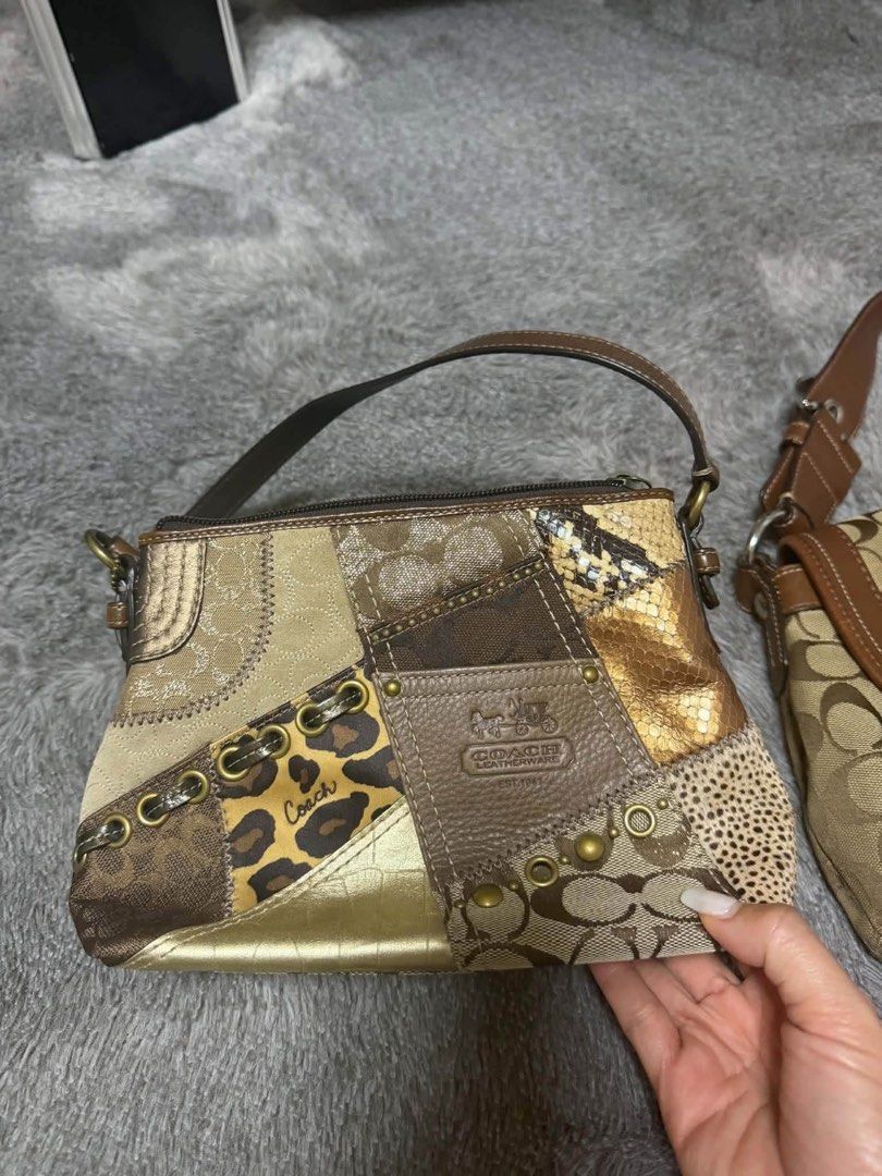 Coach Patchwork Handbag (Category: Luxury Bags & Wallets) located in Lucena. Submitted by hyyy.ellie_ (Listing ID 1469993690, Image 2). Description: - Authentic Coach patchwork shoulder bag imported from Japan - Unique mix of monogram canvas, leopard print calf hair, snakeskin print, and metallic leather - Features a brown leather patch with the embossed Coach logo and single brown strap - Vibrant pink satin lining with an interior slip pocket an
