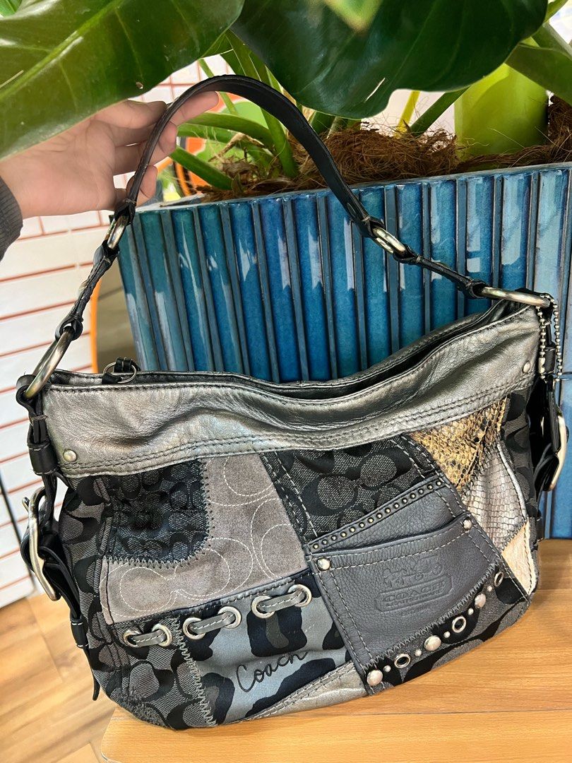 Coach Patchwork Signature Hobo Shoulder Bag Grey Black (Category: Luxury Bags & Wallets) located in Puerto Princesa. Submitted by live.dizee (Listing ID 1470122920, Image 3). Description: RARE ZOE PATCHWORK in medium size have minimal signs of use but the color condition and patches still 10/10 can send more pics for sure buyers. NO TO LOW BALLERS ❌.