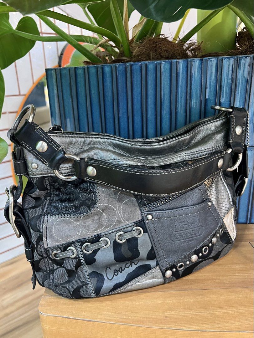 Coach Patchwork Signature Hobo Shoulder Bag Grey Black (Category: Luxury Bags & Wallets) located in Puerto Princesa. Submitted by live.dizee (Listing ID 1470122920, Image 2). Description: RARE ZOE PATCHWORK in medium size have minimal signs of use but the color condition and patches still 10/10 can send more pics for sure buyers. NO TO LOW BALLERS ❌.