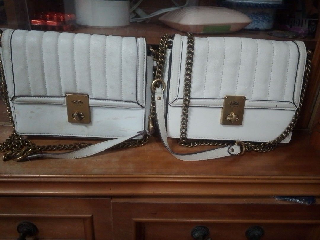 Coach White Quilted Hutton bundle (Category: Luxury Bags & Wallets) located in Manila. Submitted by annemil_1984 (Listing ID 1470110333, Image 2). Description: - Brand: Coach 100 percent orig - Material: White quilted leather with brown suede-like interior lining - Hardware: Gold-tone chain strap need deep cleaning and turnlock closure - Compartments: One interior zipper pocket - Inclusions: Matching hanging leather tag and interior brand tag - C