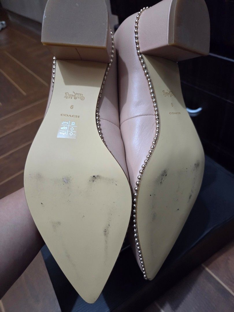 Coach Willa 45 Leather Pump Beechwood Size 6 B (Category: Heels) located in Manila. Submitted by titserghe07 (Listing ID 1470076776, Image 2). Description: - Brand: Coach - Style: Willa 45 Leather Pumps - Color: Beechwood - Size: US 6 B - Heel Height: 45mm block heel - Design: Pointed toe with tiny beaded metallic trim along the sole edge - Inclusions: Original box included - Condition: Soles show minor scuffs and marks from previous wear.