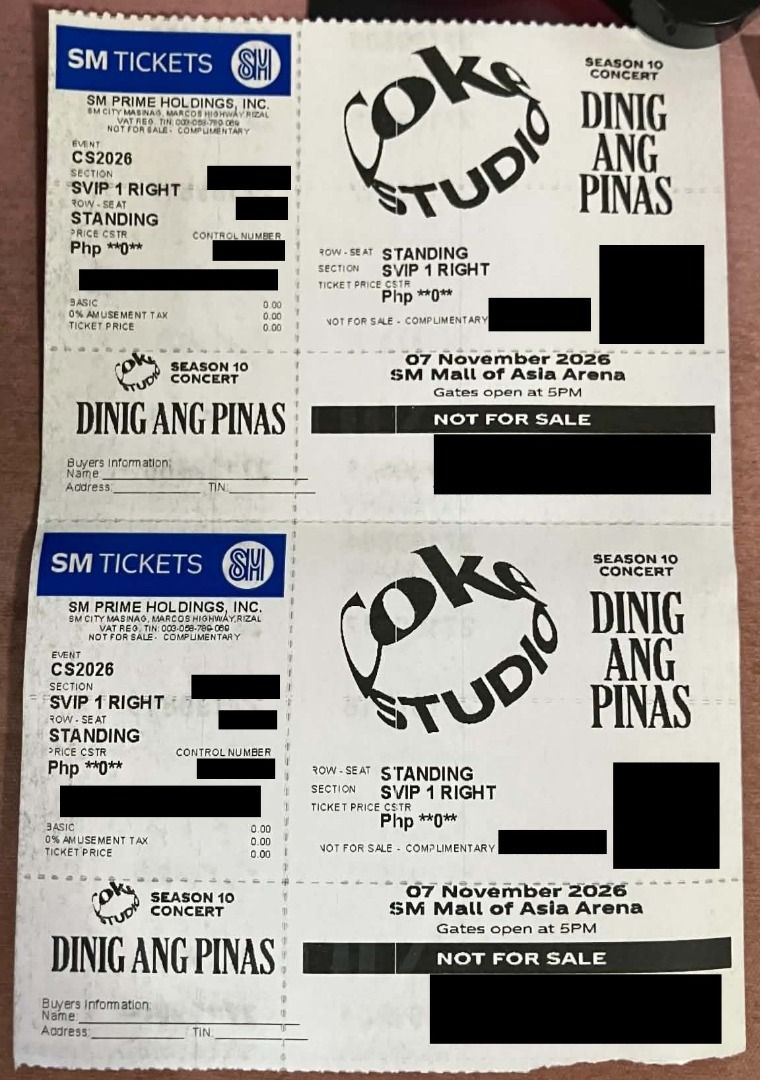 Coke Studio Season 10 SVIP1 Right (Category: Events Tickets) located in Cainta. Submitted by ceeesquared (Listing ID 1470033892, Image 3). Description: Two SVIP1 Right tickets for Coke Studio Season 10 happening this November 7, 2026 Gates open at 5 PM. Lineup includes BINI, KZ Tandingan, Ben&Ben, Al James, Earl Agustin, and G22..