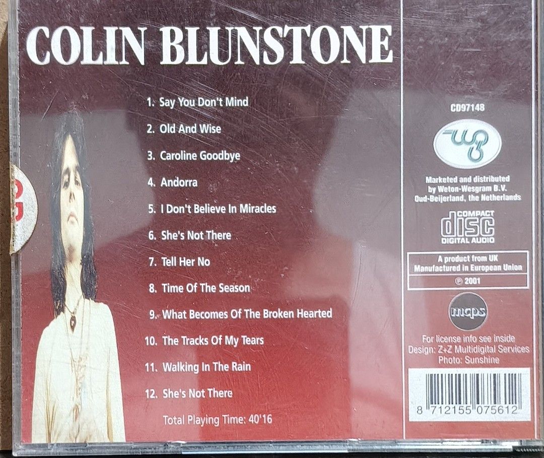 Colin Blunstone Audio CD Album (Category: CDs & DVDs) located in Manila. Submitted by ruelcabrer77078 (Listing ID 1470092085, Image 3). Description: - Artist: Colin Blunstone - Format: Audio CD with jewel case - Tracks: 12 tracks total (includes 'Old And Wise', 'She's Not There', 'Time Of The Season') - Playing Time: 40 minutes, 16 seconds - Origin: Manufactured in the EU / Marketed by Weton-Wesgram B.V. Netherlands.