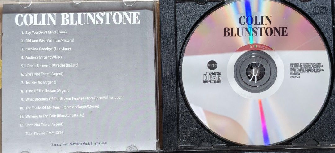 Colin Blunstone Audio CD Album (Category: CDs & DVDs) located in Manila. Submitted by ruelcabrer77078 (Listing ID 1470092085, Image 2). Description: - Artist: Colin Blunstone - Format: Audio CD with jewel case - Tracks: 12 tracks total (includes 'Old And Wise', 'She's Not There', 'Time Of The Season') - Playing Time: 40 minutes, 16 seconds - Origin: Manufactured in the EU / Marketed by Weton-Wesgram B.V. Netherlands.