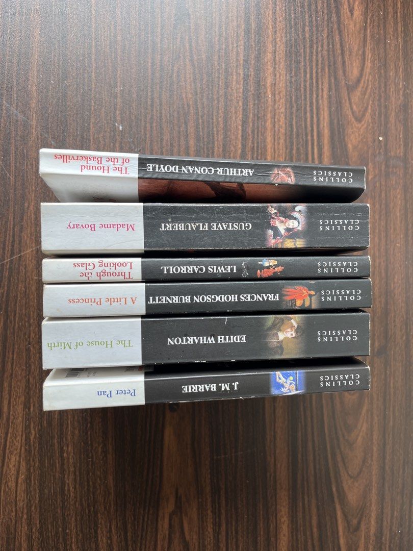 Collins Classics Paperback Book Bundle Set of 6 (Category: Storybooks) located in Manila. Submitted by una.dio (Listing ID 1469990059, Image 1). Description: ✅ 700 for COMPLETE BUNDLE (save ₱200) ✅ 150 EACH The Hound of the Baskervilles Madame Bovary Through the Looking Glass A Little Princess The House of Mirth Peter Pan Authors: Arthur Conan Doyle, Gustave Flaubert, Lewis Carroll, Frances Hodgson Burnett, Edith Wharton, and J.M. Barrie 📝 Condi