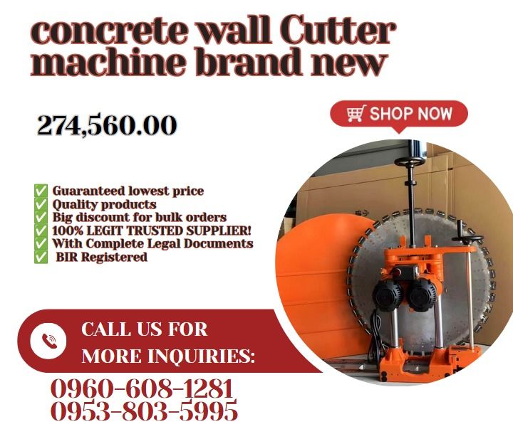 concrete wall Cutter machine brand new (Category: Everything Else Others) located in Caloocan City. Submitted by gracemonle62168 (Listing ID 1469951826, Image 1). Description: ●Manual: 162,000PHP-SW/234,000PHP-DW ●Automatic: 270,000PHP-SW/315,000PHP-DW ●Power：9800w ●Power supply：110V/220V/50HZ/60HZ ●Max. wheel diameter：(47’’1200mm) ●Max. wheel cutting depth：22″(550mm) ●Speed：520r/min ●Rate voltage：220V ●Motor： Electric ●Package： Wooden package ●W