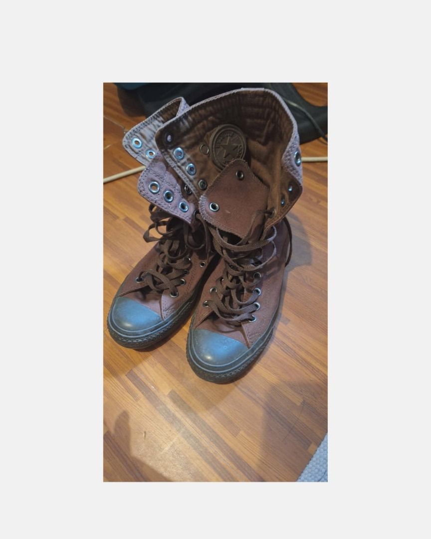 Converse All Star Brown High Top Boots (Category: Boots) located in Manila. Submitted by lulusalesbooks4200 (Listing ID 1470075876, Image 1). Description: - Brand: Converse - Style: Extra tall lace-up high top boots - Color: Brown - Material: Textile upper/lining, durable rubber toe cap and waffle outsole - Size: Men's US 6 / Women's US 8 / UK 6 / EUR 39 / 24.5 cm - SKU: 1U369 - Condition: Clean, minimal wear on bottom tread - Origin: Made in Chi