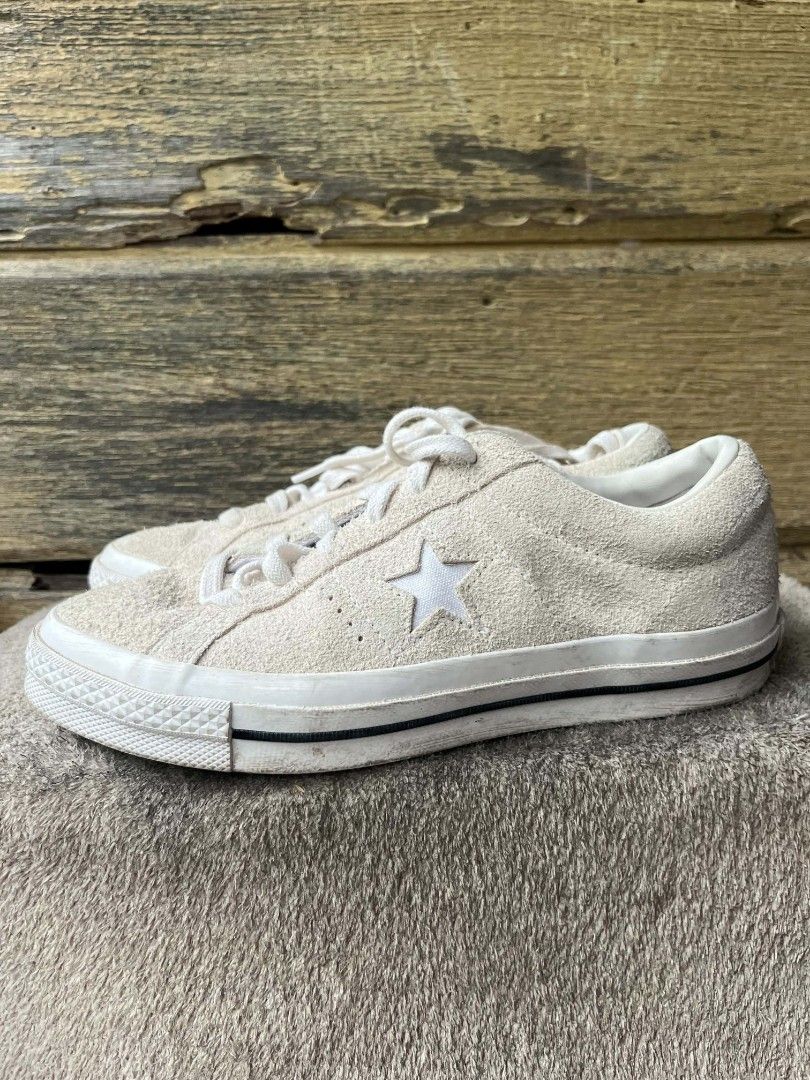 Converse One Star Suede Low Top Off White Sneakers (Category: Sneakers) located in Baroy. Submitted by laudecarlfe24 (Listing ID 1470043317, Image 1). Description: - Brand: Converse One Star - Color/Material: Off-white suede - Style: Low top with iconic side star logo - Size: US Men's 5 / US Women's 7 - Condition: Clean uppers, white laces, minimal wear on soles with great tread left - Perfect for daily casual wear.