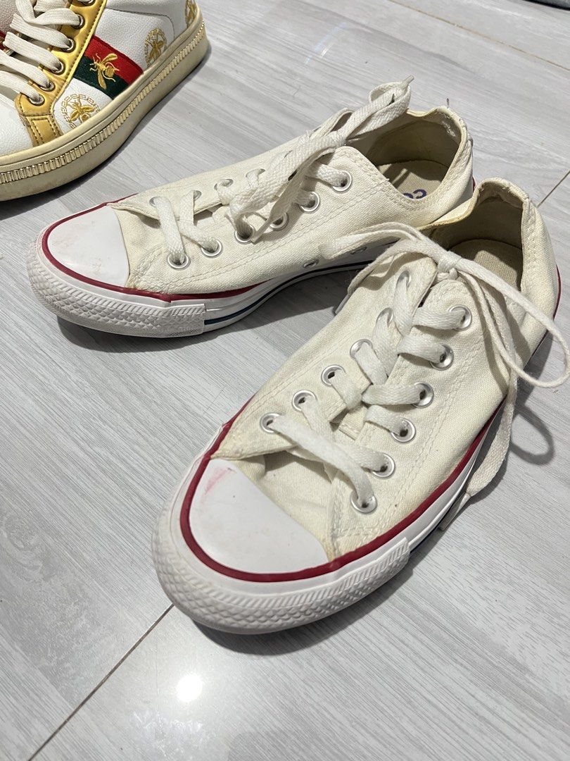 Converse White Sneakers (Category: Sneakers) located in San Mateo. Submitted by kimmie36512 (Listing ID 1470018734, Image 2). Description: Bundle Deal: 2 pairs of white sneakers for PHP 500 (Save PHP 100!) - Pair 1: Authentic White Converse Sneakers, Size 37 (Individual price: PHP 400) - Pair 2: Unbranded White Sneakers with chic gold details & red-green side stripe, Size 36-37 (Individual price: PHP 200) - Condition: Pre-loved, well-kept - Mode 