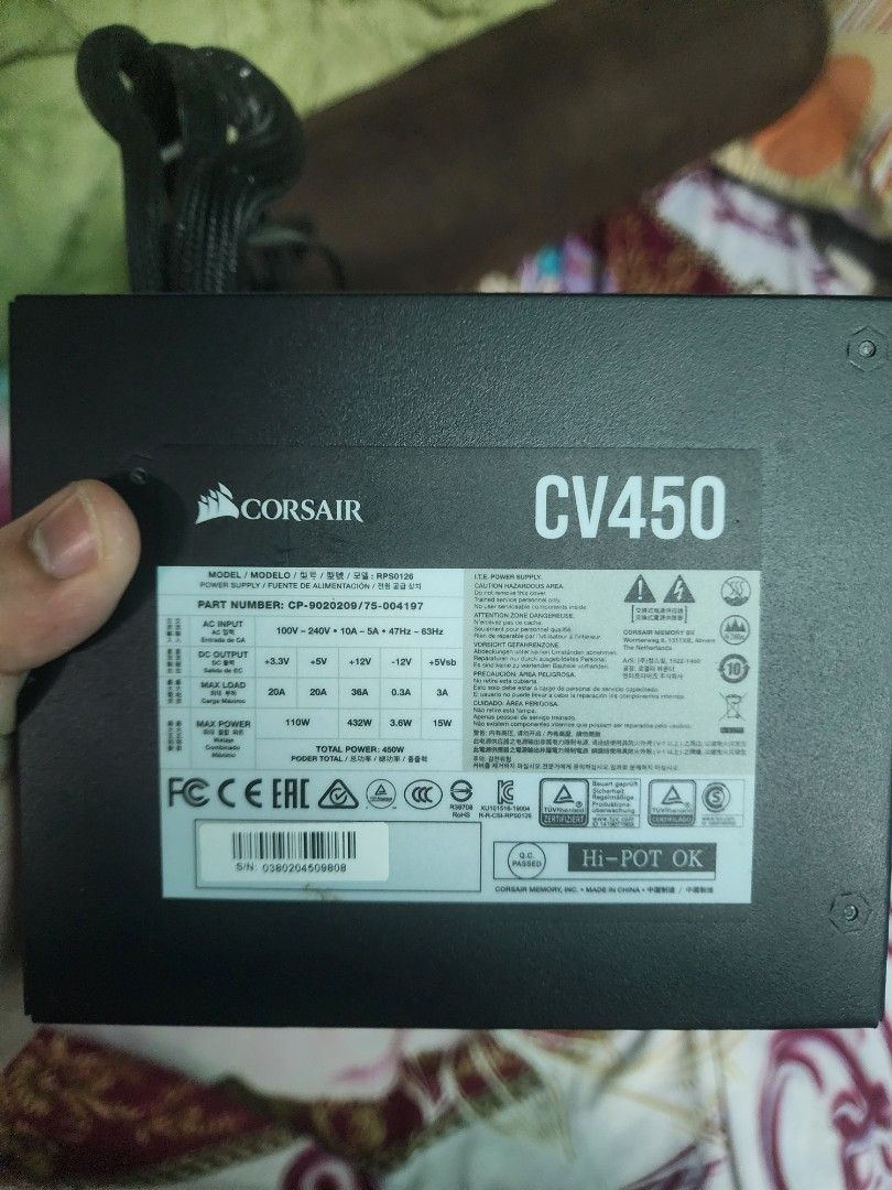 Corsair CV450 Power Supply Unit (Category: Computer Parts) located in Taguig. Submitted by moseslopez97175 (Listing ID 1470128752, Image 3). Description: - Brand: Corsair Model: CV450 - Power Output: 450 Watts - Form Factor: Standard ATX - Color: Black casing with attached black cables (includes PCIe and CPU connectors) - Condition: Clean unit, pulled from a working desktop setup, legible specification sticker RFS: Upgraded my PSU .