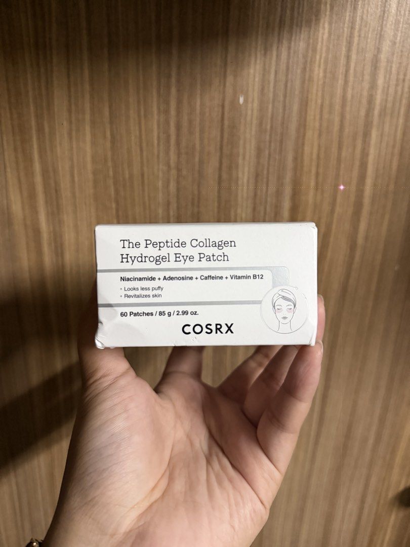 COSRX The Peptide Collagen Hydrogel Eye Patch (Category: Face Care) located in Baguio. Submitted by rx.sss (Listing ID 1469953916, Image 1). Description: - Brand: COSRX The Peptide Collagen Hydrogel Eye Patch - Quantity: 60 patches total (85g) - Condition: Brand new, unopened box with authentic seal intact - Expiry Date: March 2029 - Key Ingredients: Niacinamide, adenosine, caffeine, and vitamin B12 - Benefits: Helps reduce puffiness, brightens, 