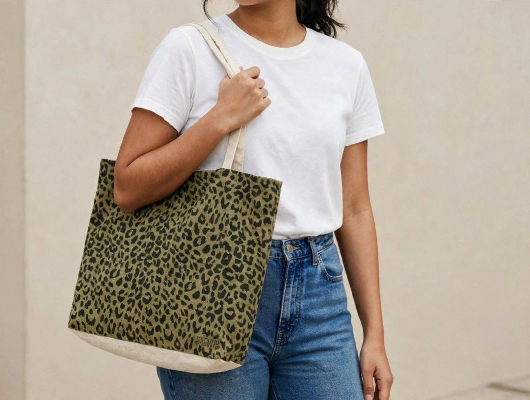 Cotton On Leopard Print Canvas Tote Bag - Authentic Preloved (Category: Tote Bags) located in Cainta. Submitted by yugenken (Listing ID 1468725298, Image 3). Description: Selling my Cotton On Leopard Tote Bag 🐆 ✔️ Authentic Cotton On - from Australia ✔️ Tag: www.cottonon.com / #954447 SEP/2019 ✔️ Material: Canvas / Cotton - durable and lightweight ✔️ Color: Olive Green Leopard + Beige trim ✔️ Spacious - perfect for school, work, beach, grocery M
